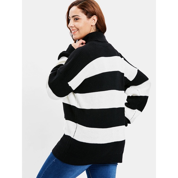 Plus Size Black & White Striped Turtleneck Sweater - Picture 4 of 7